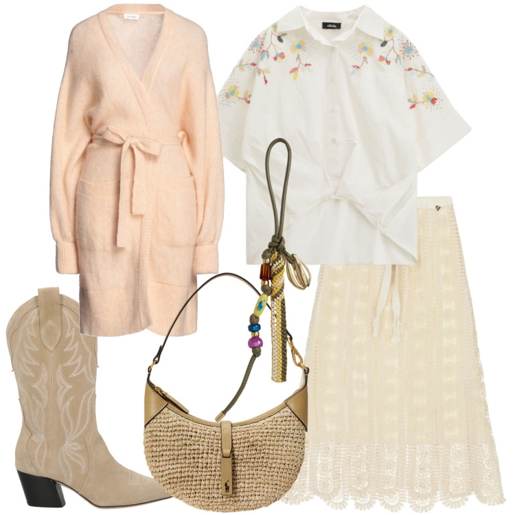 Outfit donna - Voglia di Boho a marzo. Stile Boho per Tutti i giorni. Abbinamento con cardigans, stivali, camicie a manica corta, gonne longuette, borse a spalla, braccialetti.