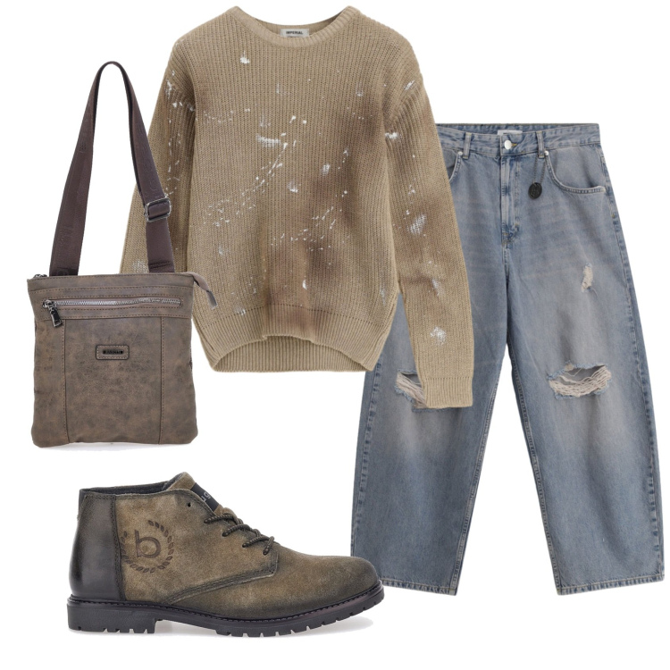 Outfit uomo - Total look #2337562. Stile Trendy per Tutti i giorni. Abbinamento con maglieria, jeans strappati, scarpe stringate, portafogli.