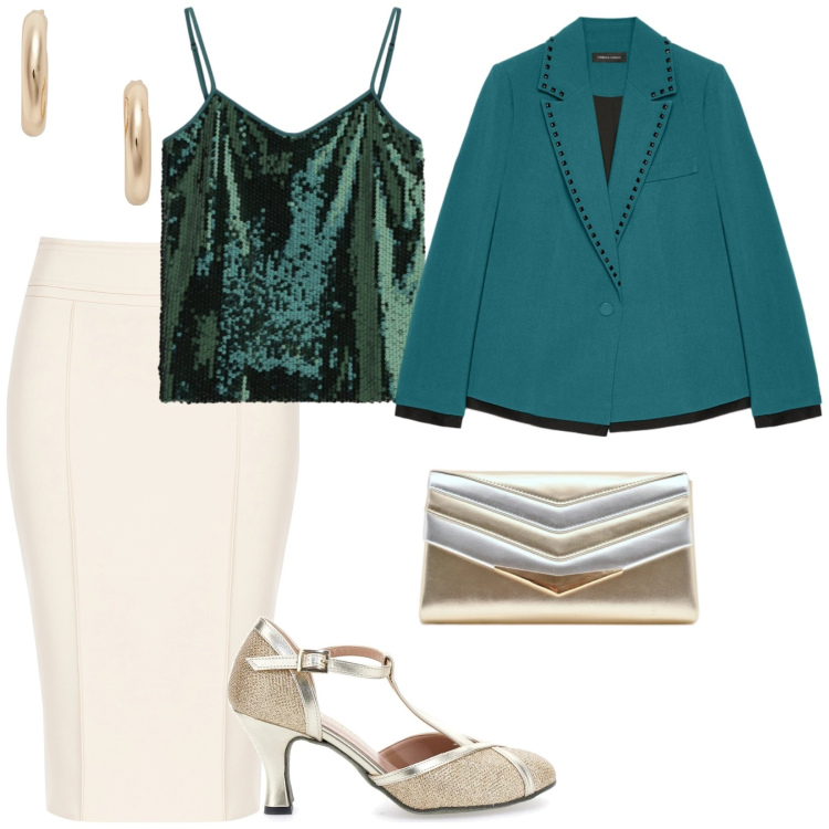 Outfit donna - Festa. per Serata fuori. Abbinamento con blazer, top, pochette, gonne longuette, orecchini, décolleté.