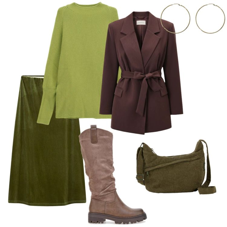 Outfit donna - Di giorno. per Scuola/Università. Abbinamento con gonne longuette, borse a tracolla, maglieria, orecchini, blazer, stivali.