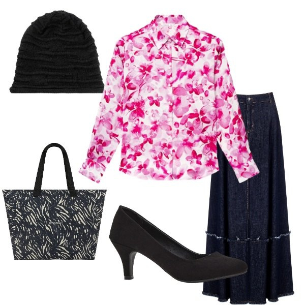 Outfit donna - fiori romantici. Stile Romantica per Serata fuori. Abbinamento con décolleté, berretti, camicie, shopping bag, gonne lunghe.