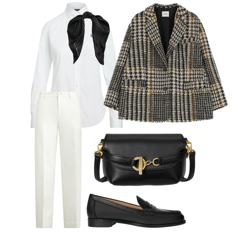 Outfit donna - Curvy style. per Tutti i giorni. Abbinamento con blazer, mocassini, camicie, foulard, borse a tracolla, pantaloni.