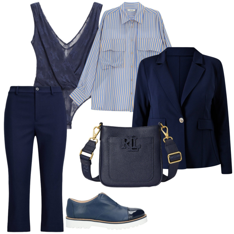 Outfit donna - Modern woman. per Tutti i giorni. Abbinamento con mocassini, top, camicie, blazer, pantaloni, borse a tracolla.