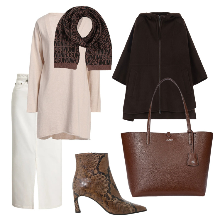 Outfit donna - In ufficio. per Ufficio. Abbinamento con pullovers, sciarpe, stivaletti, cappotti, gonne, borse tote.