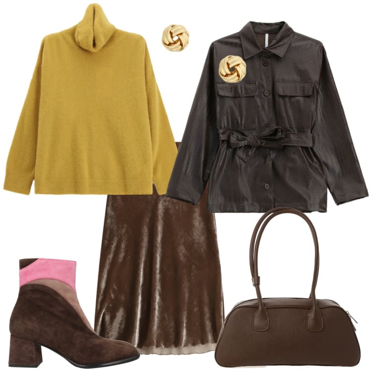 Outfit donna - Total look #2337582. Stile Casual chic per Ufficio. Abbinamento con stivaletti, maglieria, cappotti, orecchini, gonne lunghe, borse a mano.