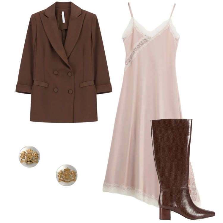 Outfit donna - Total look #2337592. Abbinamento con stivali, orecchini, blazer, vestiti lunghi.