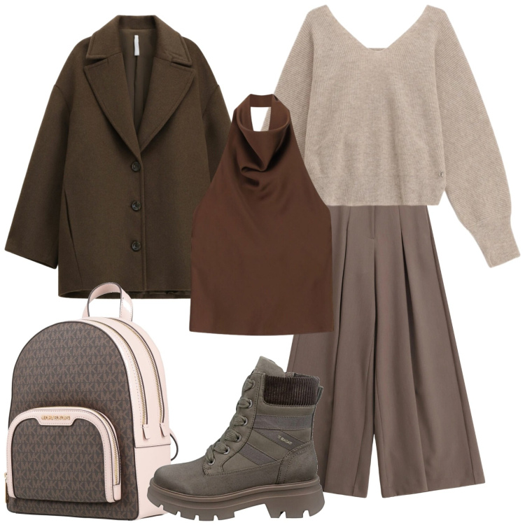 Outfit donna - Total look #2337593. Stile Casual chic per Ufficio. Abbinamento con zaini, cappotti, top, pantaloni, maglieria, anfibi.