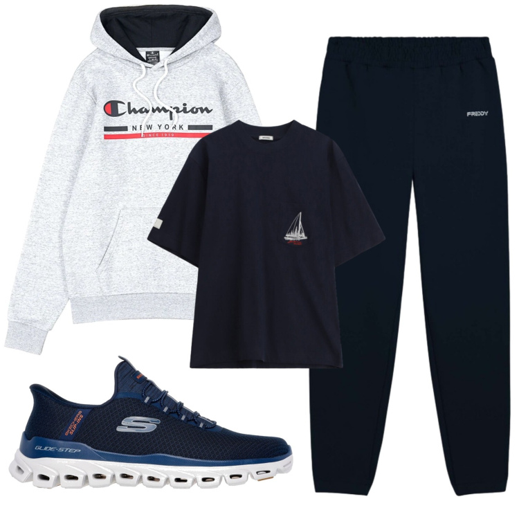 Outfit uomo - Total look #2337596. Stile Casual per Sport. Abbinamento con t-shirt, pantaloni, felpe con cappuccio, sneakers.