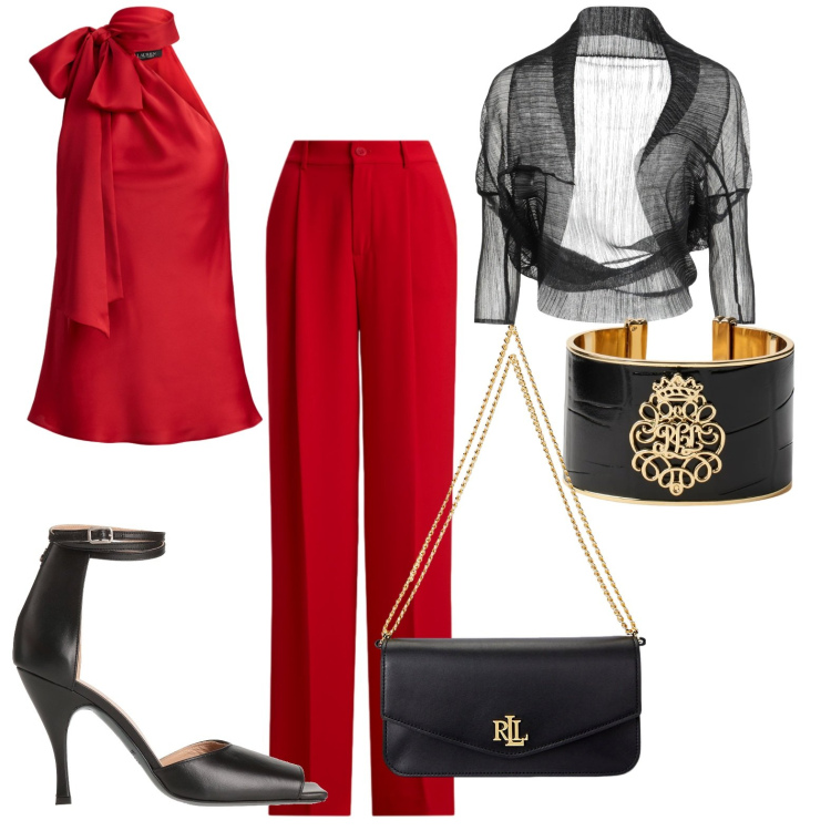 Outfit donna - Total look #2337597. Abbinamento con sandali in pelle, blazer, borse a spalla, braccialetti, top, pantaloni.