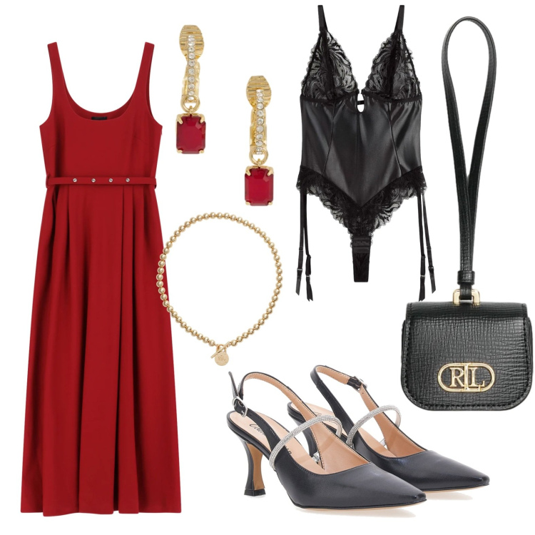 Outfit donna - Total look #2337600. Abbinamento con body, vestiti lunghi, collane, orecchini, pochette, décolleté.