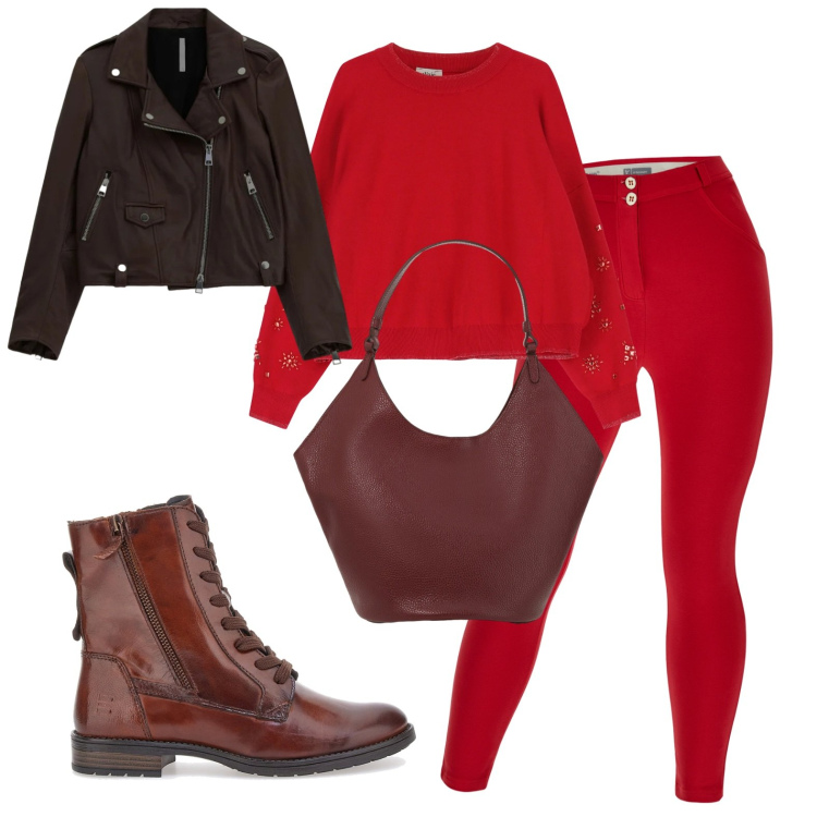 Outfit donna - Total look #2337604. Abbinamento con giacche, maglieria, borse a spalla, pantaloni skinny, anfibi.