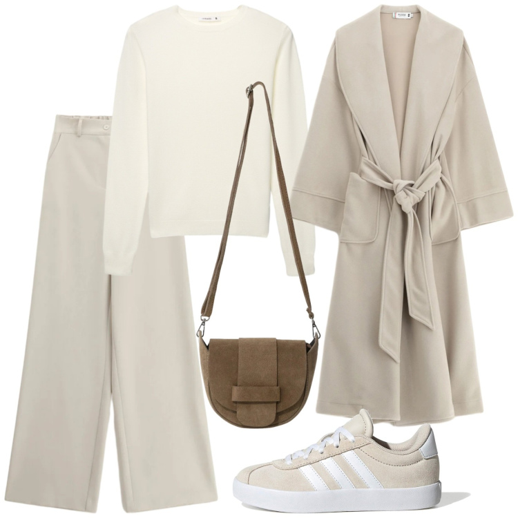 Outfit donna - Total look #2337605. Stile Sporty chic per Tutti i giorni. Abbinamento con maglieria, pantaloni a palazzo, borse a tracolla, cappotti, sneakers.