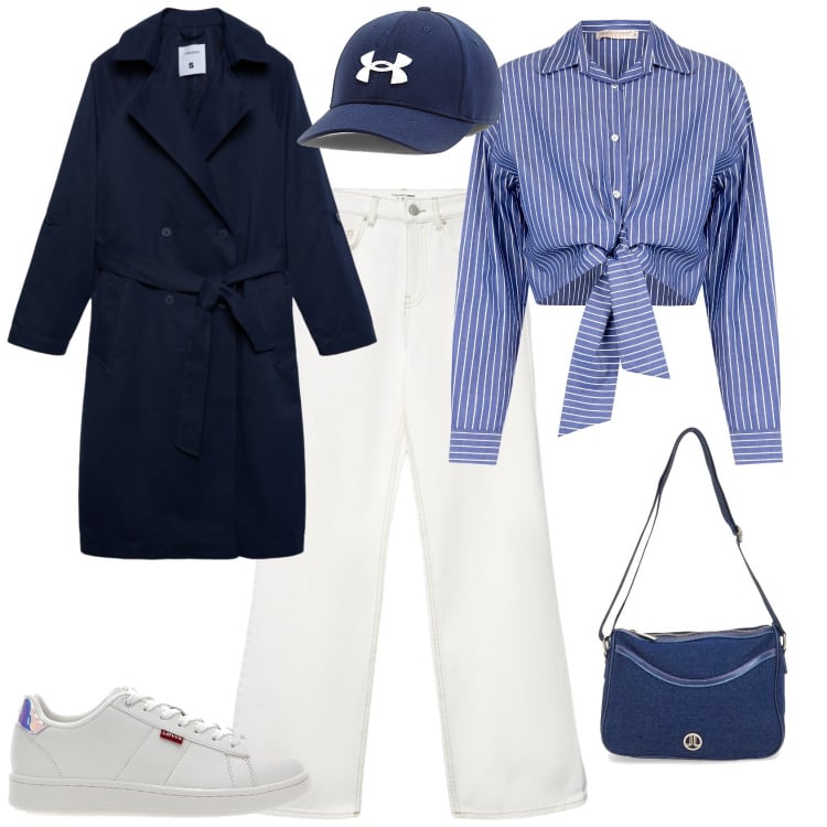 Outfit donna - Trendy ufficio tempo libero. Stile Trendy per Tutti i giorni. Abbinamento con trench, jeans, camicie, sneakers, borse a tracolla, cappelli.