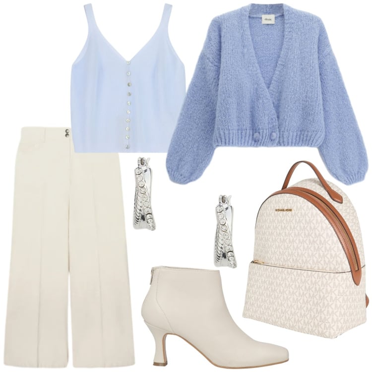 Outfit donna - Total look #2337608. Stile Casual chic per Ufficio. Abbinamento con stivaletti, zaini, pantaloni chino, top, orecchini, cardigans.