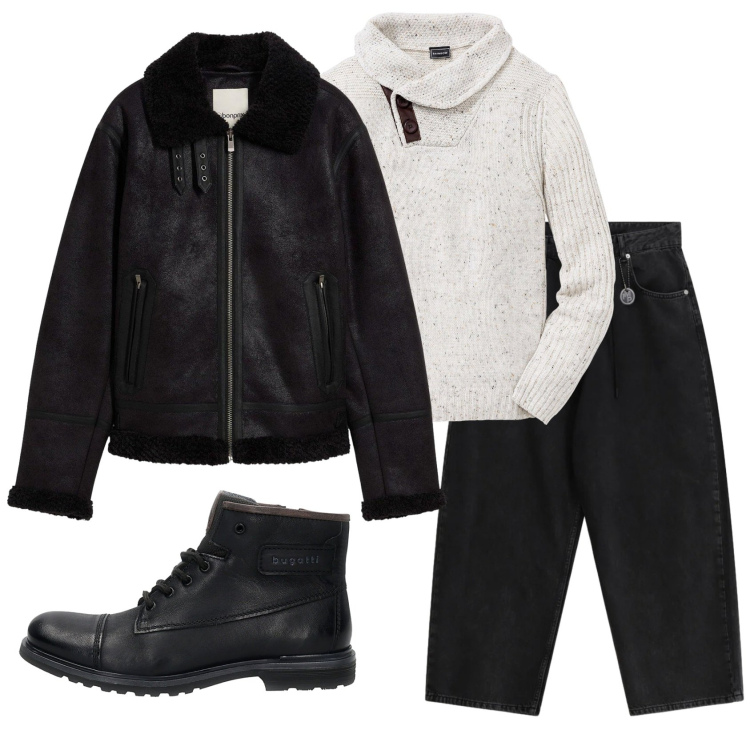 Outfit uomo - Total look #2337609. Stile Casual per Tutti i giorni. Abbinamento con maglieria, giacche, pantaloni, anfibi.