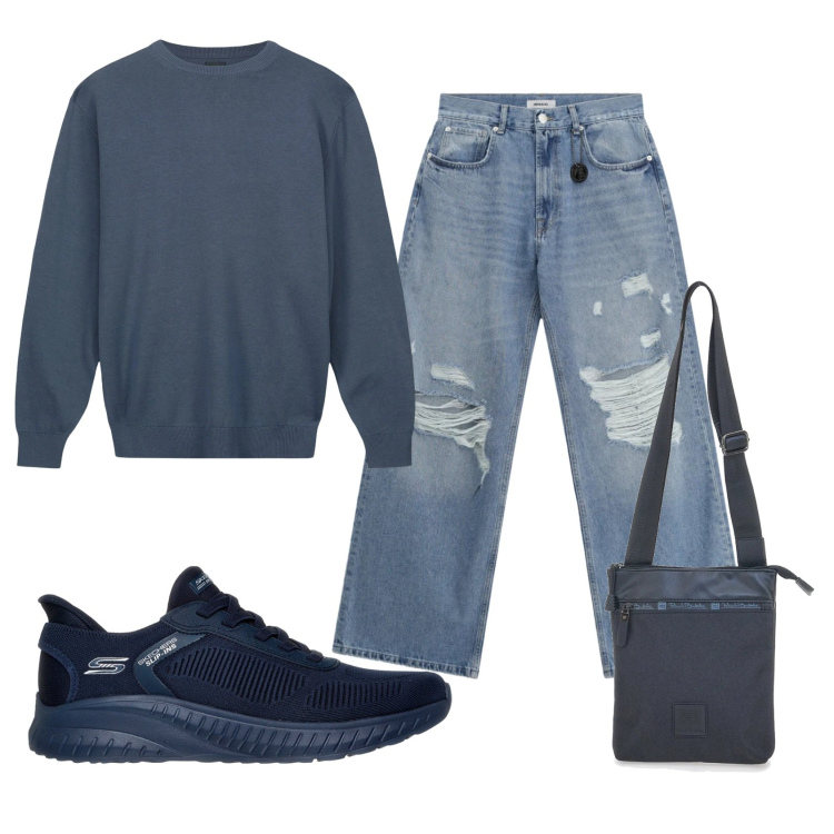 Outfit uomo - Total look #2337610. Stile Casual per Tutti i giorni. Abbinamento con jeans strappati, portafogli, maglieria, sneakers.
