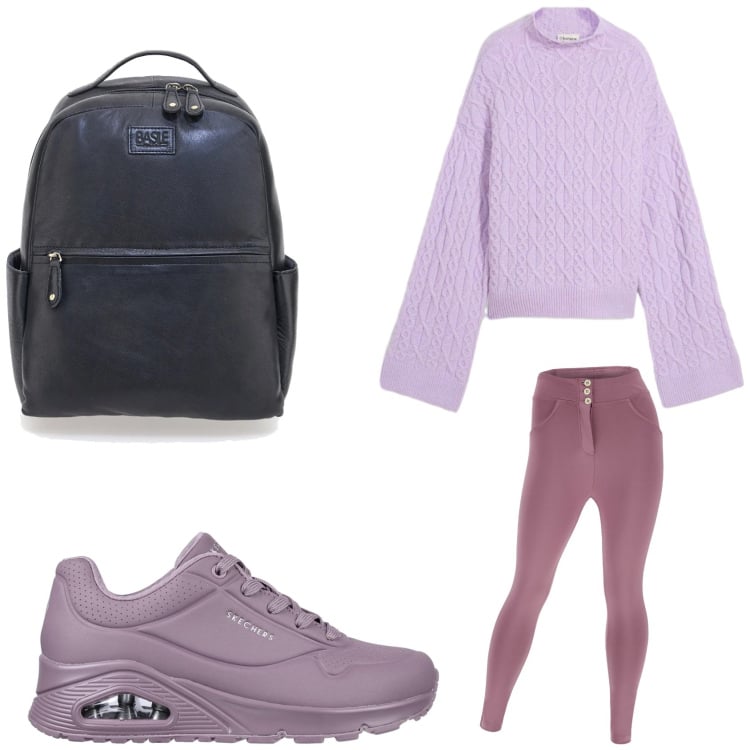 Outfit donna - Lilla: anticipo di primavera. Stile Sporty chic per Tutti i giorni. Abbinamento con maglieria, pantaloni skinny, scarpe stringate, zaini.