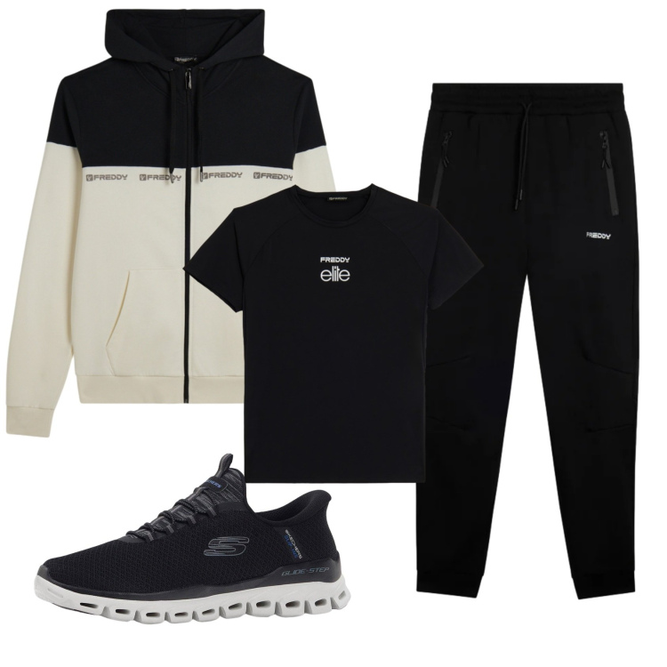 Outfit uomo - Total look #2337613. Stile Casual per Sport. Abbinamento con sneakers, pantaloni, felpe con cappuccio, t-shirt.