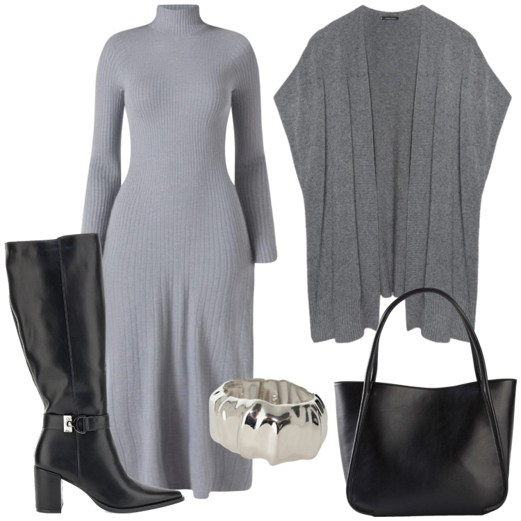 Outfit donna - Total look #2337615. Stile Minimal per Tutti i giorni. Abbinamento con shopping bag, gilet, vestiti midi/longuette, braccialetti, stivali.