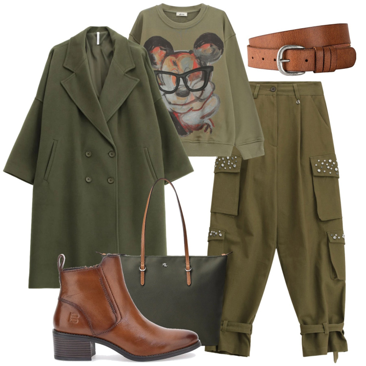 Outfit donna - Urban green. Stile Urban per Tutti i giorni. Abbinamento con cinture, cappotti, pantaloni cargo, felpe, borse tote, stivaletti.
