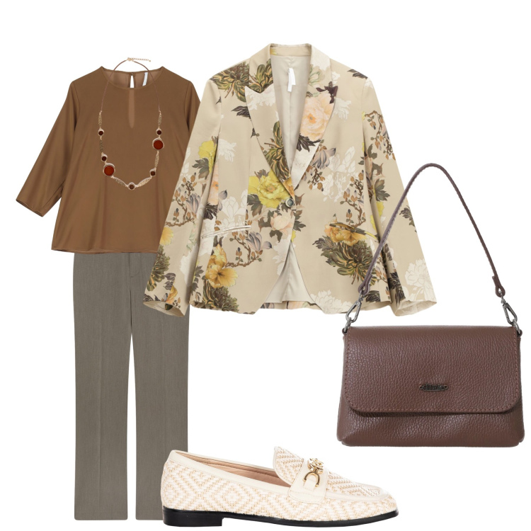 Outfit donna - Dí fiori. Stile Basic per Ufficio. Abbinamento con pantaloni, blazer, bluse, collane, borse a tracolla, mocassini.