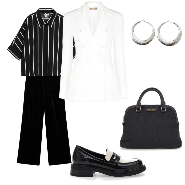 Outfit donna - Di righe. Stile Basic per Ufficio. Abbinamento con camicie a manica corta, pantaloni, orecchini, blazer, mocassini, borse a tracolla.