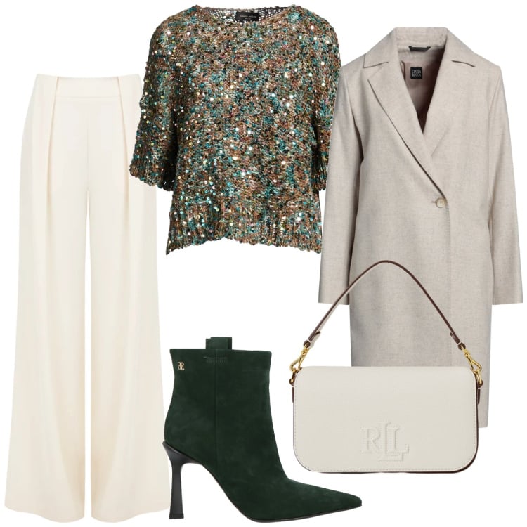 Outfit donna - Total look #2337627. Stile Chic per Serata fuori. Abbinamento con pullovers, stivaletti, cappotti, pantaloni a palazzo, borse a spalla.