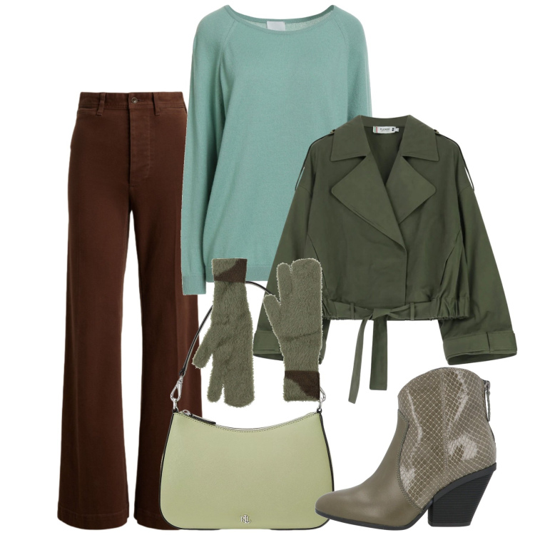 Outfit donna - Febbraio green. Stile Bon Ton per Tutti i giorni. Abbinamento con stivaletti texani, guanti, pullovers, parka, borse a spalla, pantaloni.