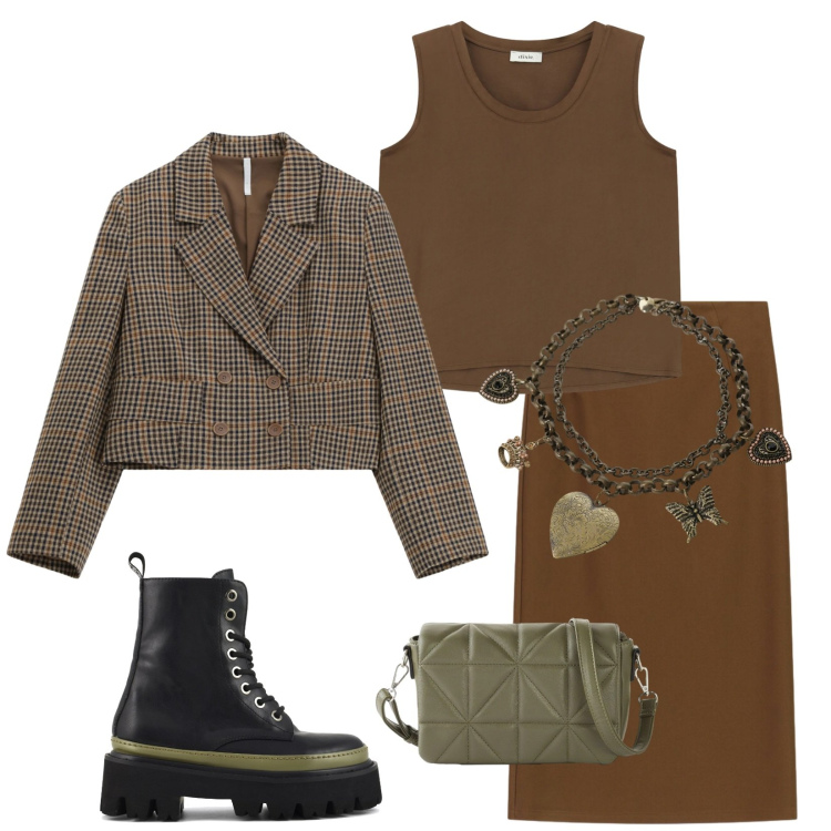 Outfit donna - Total look #2337641. Stile Urban per Tutti i giorni. Abbinamento con borse a tracolla, gonne longuette, blazer, canottiere, collane, anfibi.