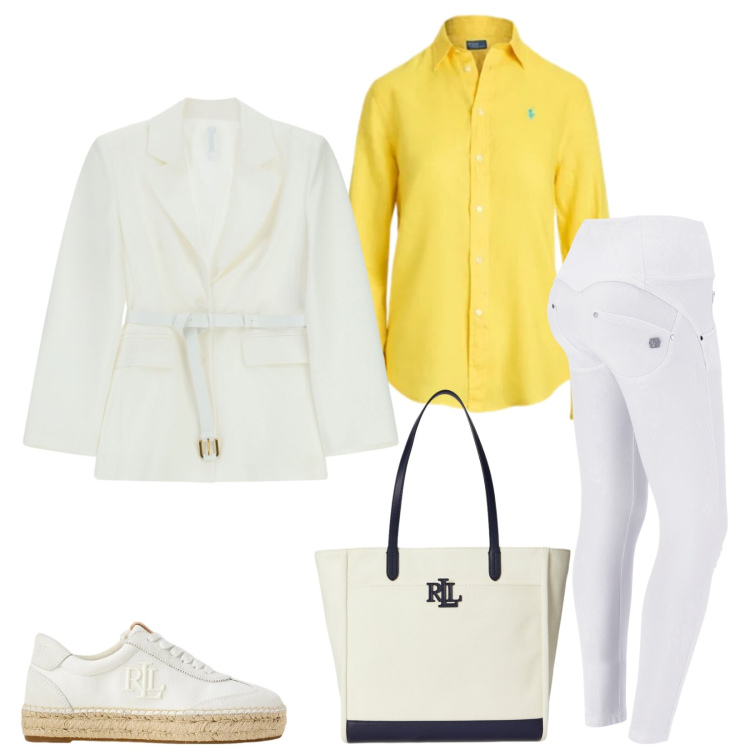Outfit donna - Total look #2337645. Stile Casual chic per Tutti i giorni. Abbinamento con blazer, pantaloni skinny, sneakers, borse tote, camicie.