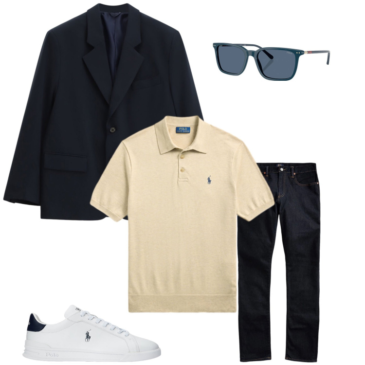 Outfit uomo - Modern Preppy Elegance. Stile Urban per Tutti i giorni. Abbinamento con giacche, sneakers, jeans, occhiali da sole, maglieria.