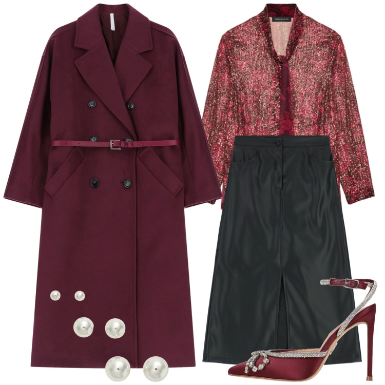 Outfit donna - Rosso non solo a San Valentino. Stile Chic per Serata fuori. Abbinamento con décolleté, cappotti, gonne longuette, camicie, orecchini.