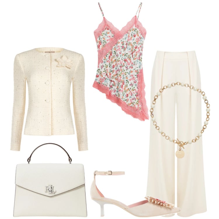 Outfit donna - Total look #2337650. Stile Bon Ton per Cerimonia. Abbinamento con décolleté, top, pantaloni a palazzo, blazer, collane, borse a mano.