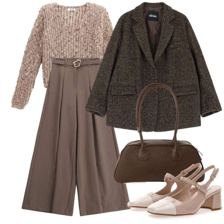 Outfit donna - Curvy, romantica e aggraziata. Stile Bon Ton per Serata fuori. Abbinamento con pantaloni, blazer, borse a mano, maglieria, décolleté.