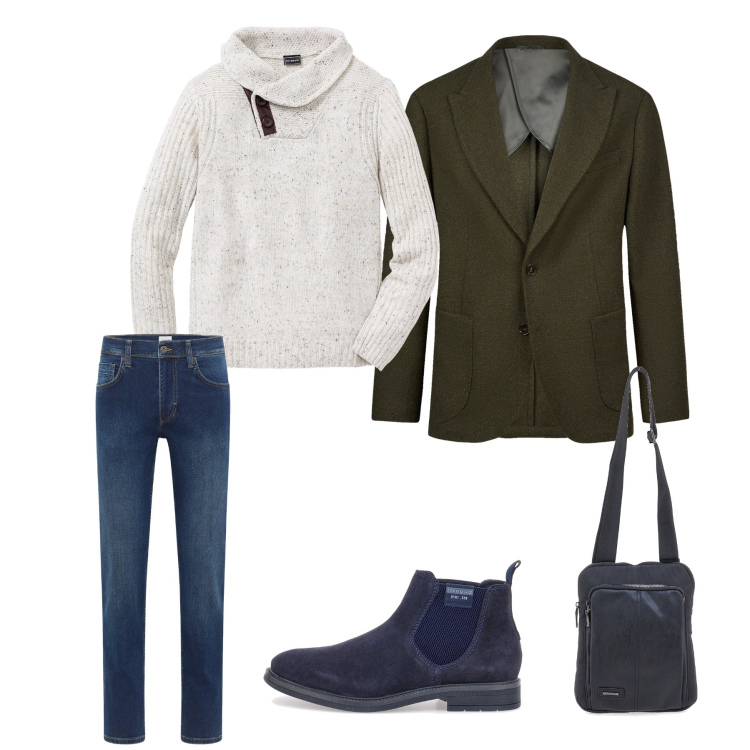 Outfit uomo - Gentleman\'s Countryside Vibe. Stile Urban per Tutti i giorni. Abbinamento con maglieria, jeans dritti, stivali e stivaletti, portafogli, giacche.
