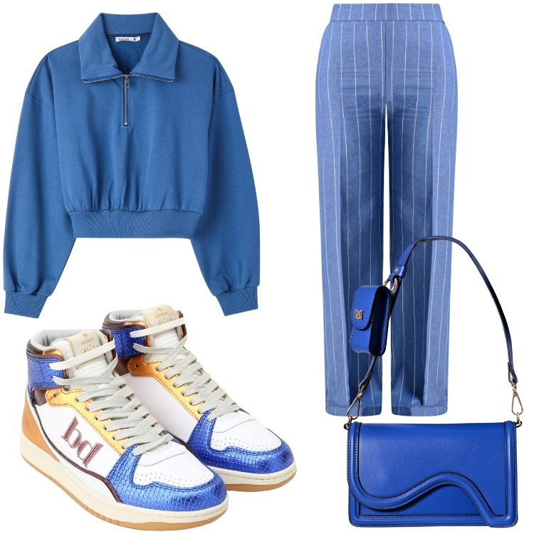 Outfit donna - Sportowa elegancja. Stile Casual chic per Tutti i giorni. Abbinamento con felpe, pantaloni, pochette, sneakers alte.