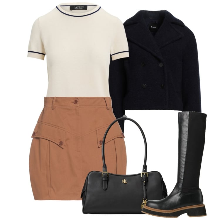 Outfit donna - Febbraio. Stile Chic per Tutti i giorni. Abbinamento con minigonne, caban, stivali, borse a mano, maglieria.