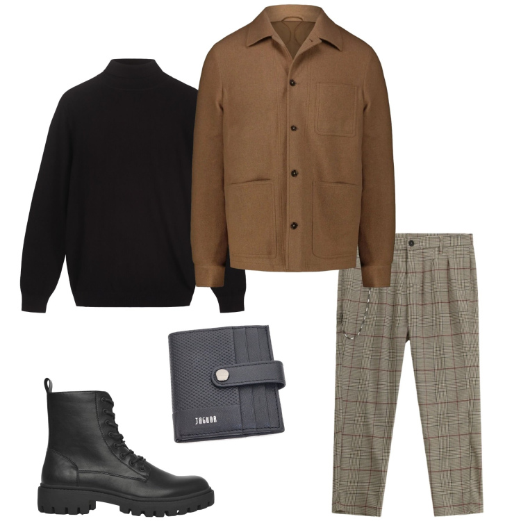 Outfit uomo - Urban Tailored Edge. Stile Urban per Tutti i giorni. Abbinamento con anfibi, pantaloni, portafogli, cappotti, maglieria.