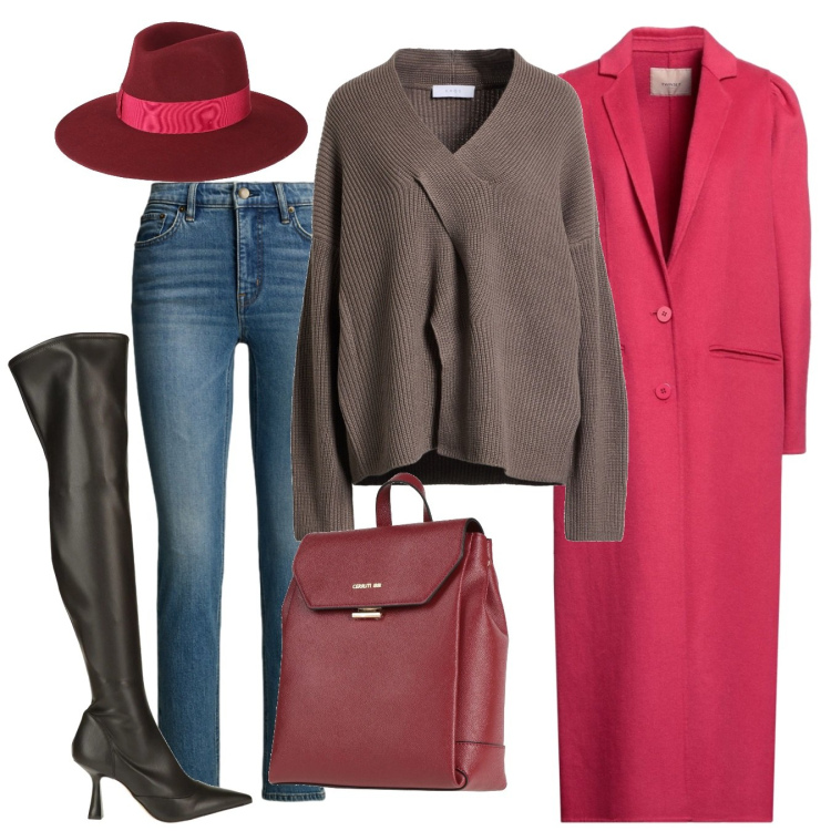 Outfit donna - Febbraio. Stile Casual chic per Tutti i giorni. Abbinamento con cappotti, stivali sopra il ginocchio, pullovers, zaini, cappelli, jeans dritti.