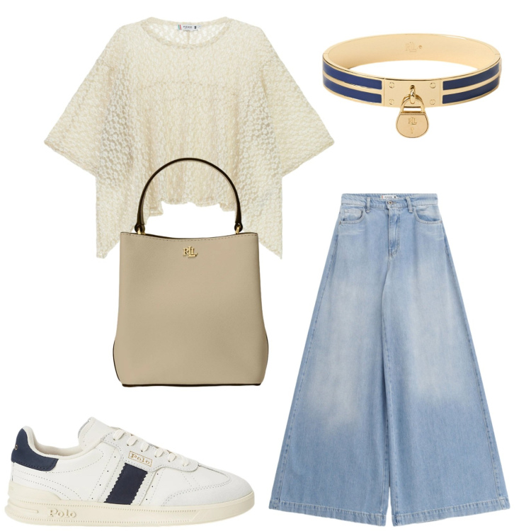 Outfit donna - Total look #2337664. Stile Casual per Tutti i giorni. Abbinamento con jeans, top, sneakers, braccialetti con ciondoli, borse a secchiello.