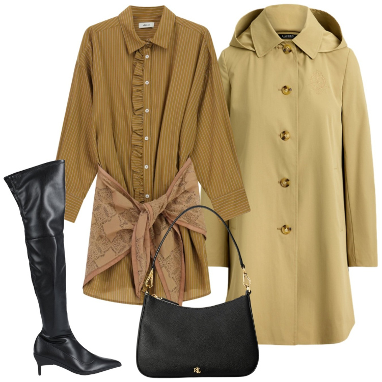 Outfit donna - Febbraio senape. Stile Chic per Tutti i giorni. Abbinamento con stivali sopra il ginocchio, vestiti lunghi, borse a spalla, cappotti.