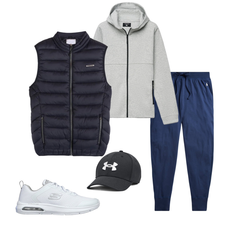 Outfit uomo - Dynamic Navy Leisure. Stile Urban per Tutti i giorni. Abbinamento con felpe con cappuccio, piumini, pantaloni, cappelli, scarpe sportive.