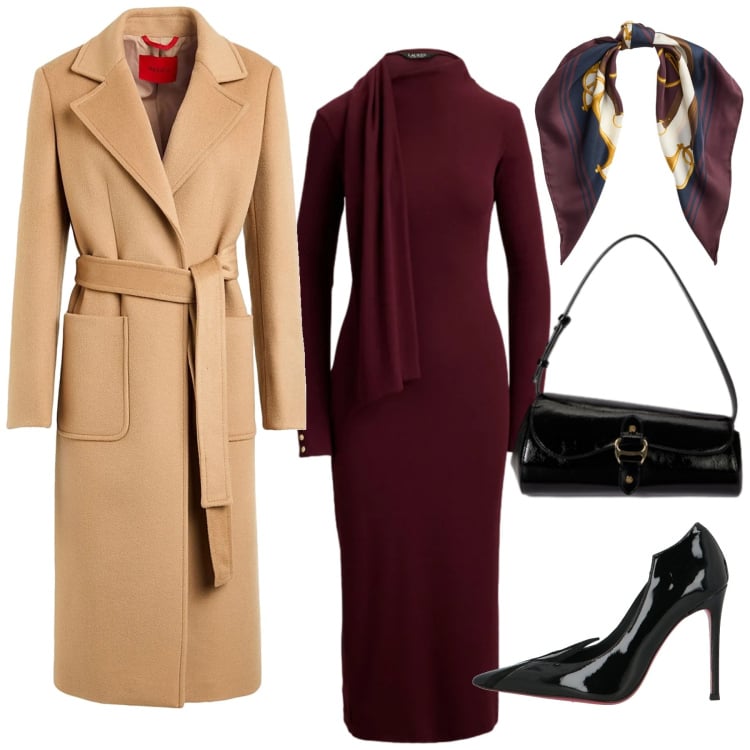 Outfit donna - Total look #2337668. Stile Glamour per Serata fuori. Abbinamento con décolleté, cappotti, vestiti, borse a spalla, foulard.
