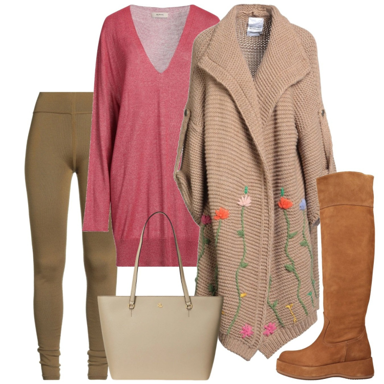 Outfit donna - Cena tra amici. Stile Bon Ton per Tutti i giorni. Abbinamento con stivali, pullovers, leggings, cardigans, borse tote.