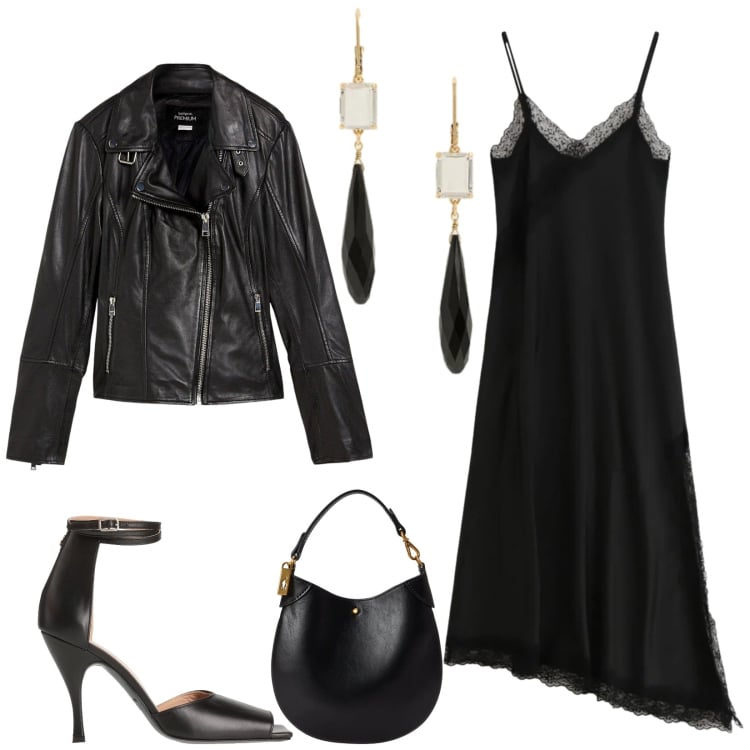 Outfit donna - Total look #2337673. Stile Chic per Serata fuori. Abbinamento con sandali in pelle, blazer, vestiti lunghi, orecchini, pochette.