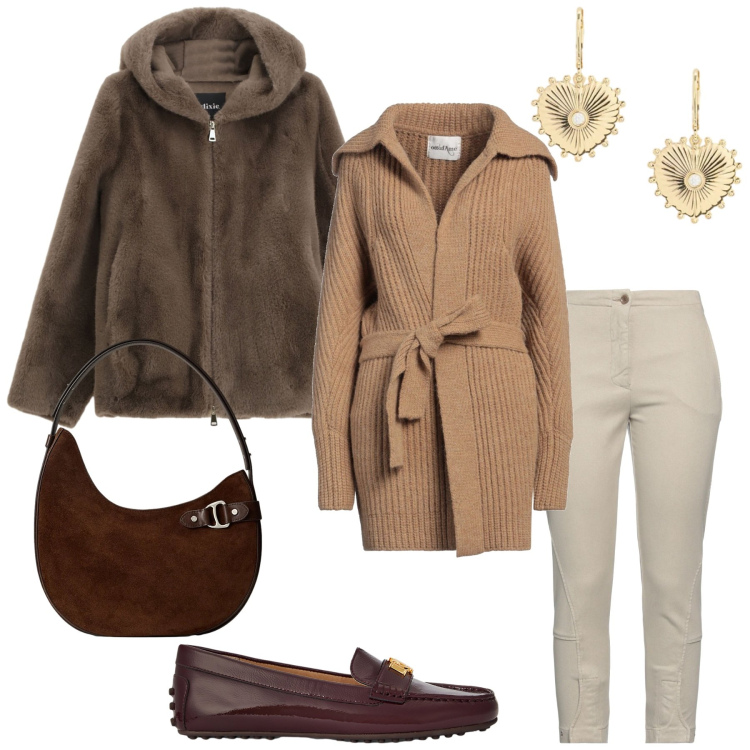 Outfit donna - Total look #2337675. Stile Casual chic per Ufficio. Abbinamento con cardigans, jeans slim fit, pantaloni, mocassini, borse a spalla, orecchini.