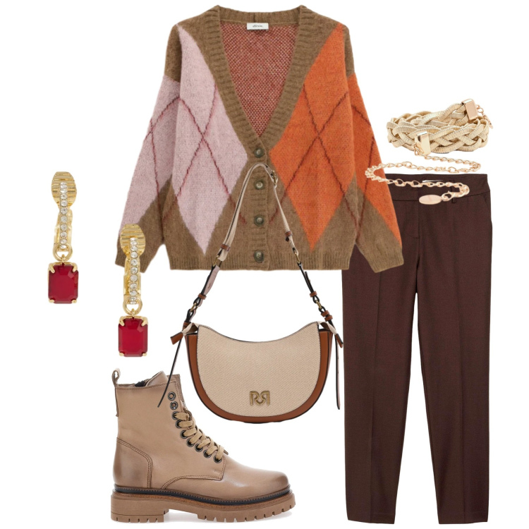 Outfit donna - Total look #2337680. Stile Minimal per Tutti i giorni. Abbinamento con pantaloni, cardigans, borse a tracolla, cinture, orecchini, anfibi.