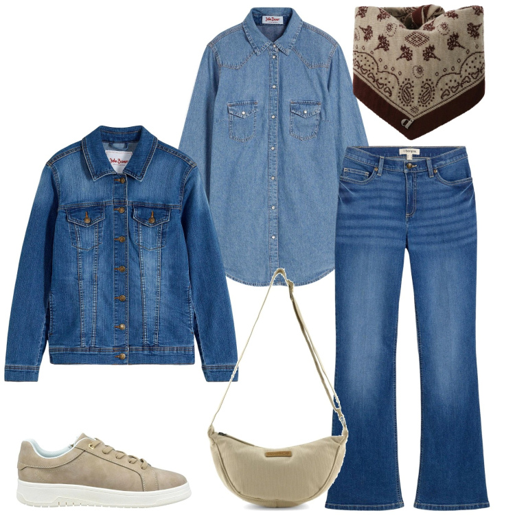 Outfit donna - Total look #2337682. Stile Casual chic per Tutti i giorni. Abbinamento con jeans bootcut, camicie, blazer, foulard, borse a tracolla, sneakers.