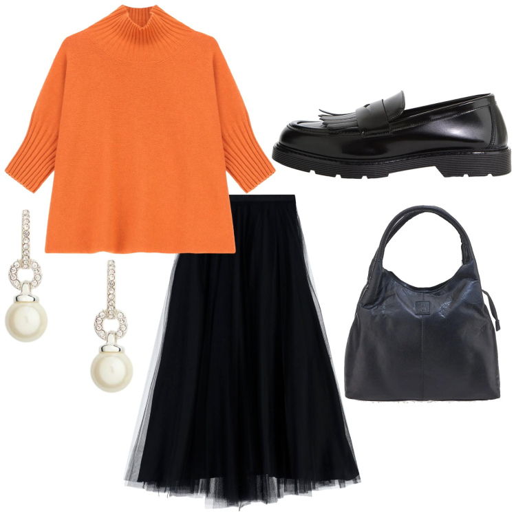 Outfit donna - Total look #2337684. Stile Glamour per Serata fuori. Abbinamento con gonne lunghe, maglieria, mocassini, orecchini, borse a mano.