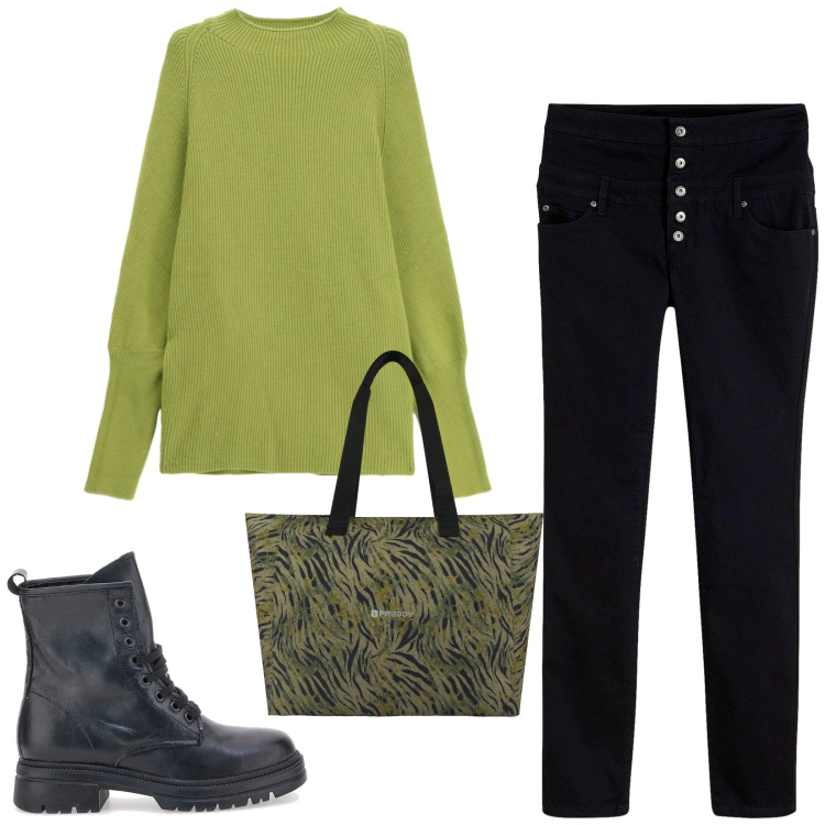 Outfit donna - Total look #2337686. Stile Casual per Tutti i giorni. Abbinamento con pantaloni skinny, maglieria, shopping bag, stivaletti chelsea.